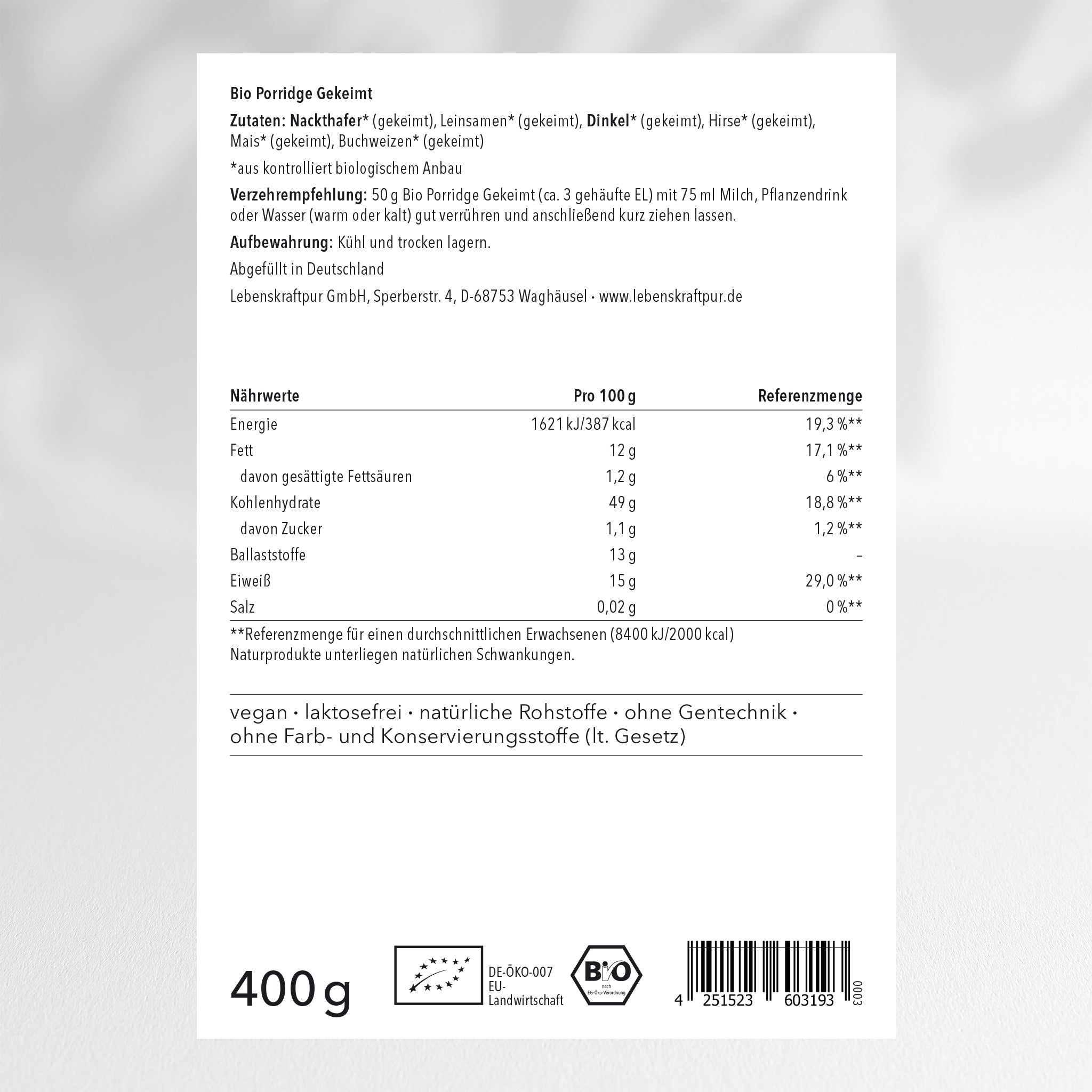 LebenskraftPur Superfood Bio Porridge Gekeimt Müsli ohne Zucker