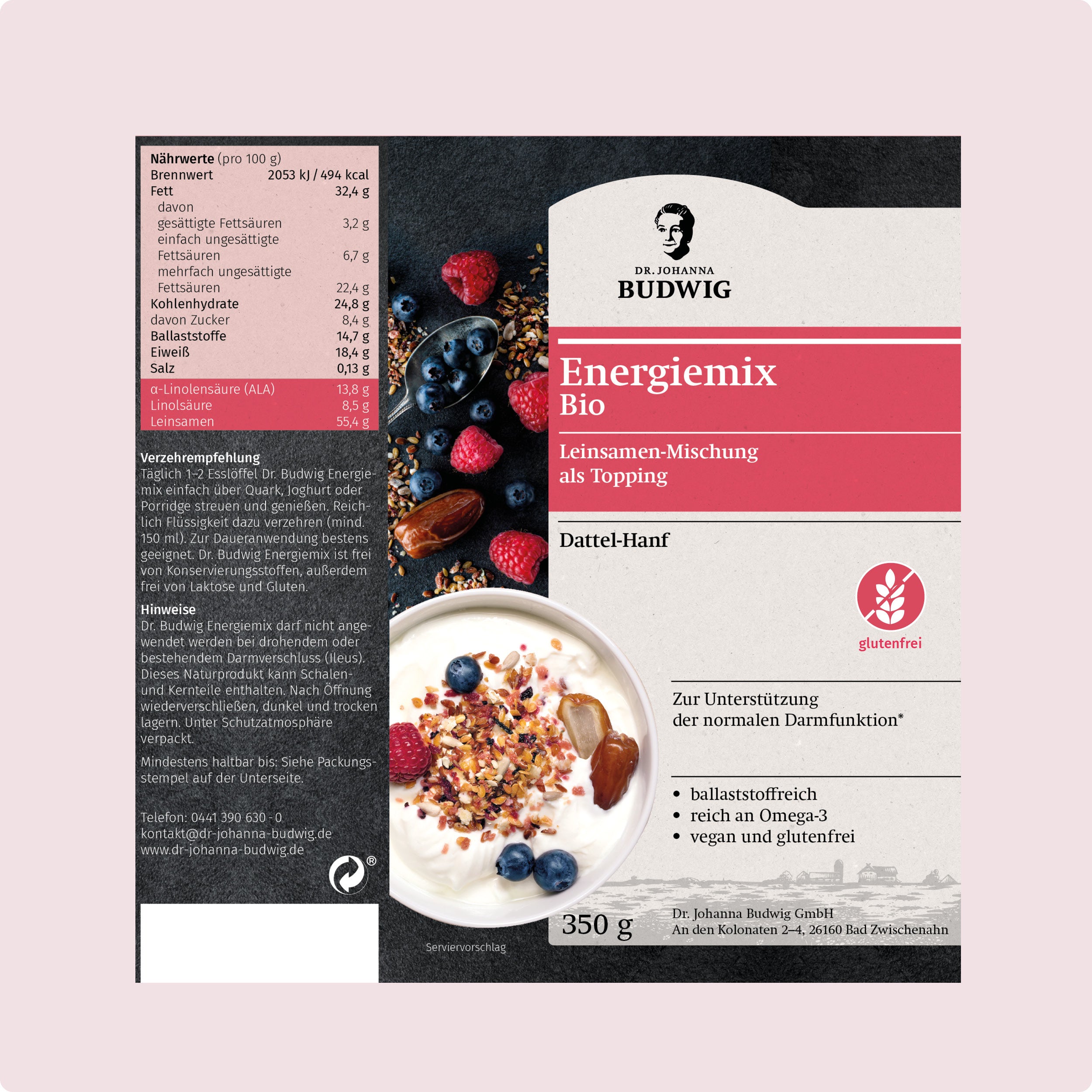 Dr. Johanna Budwig Leinsamen Energiemix Dattel-Hanf 350 g