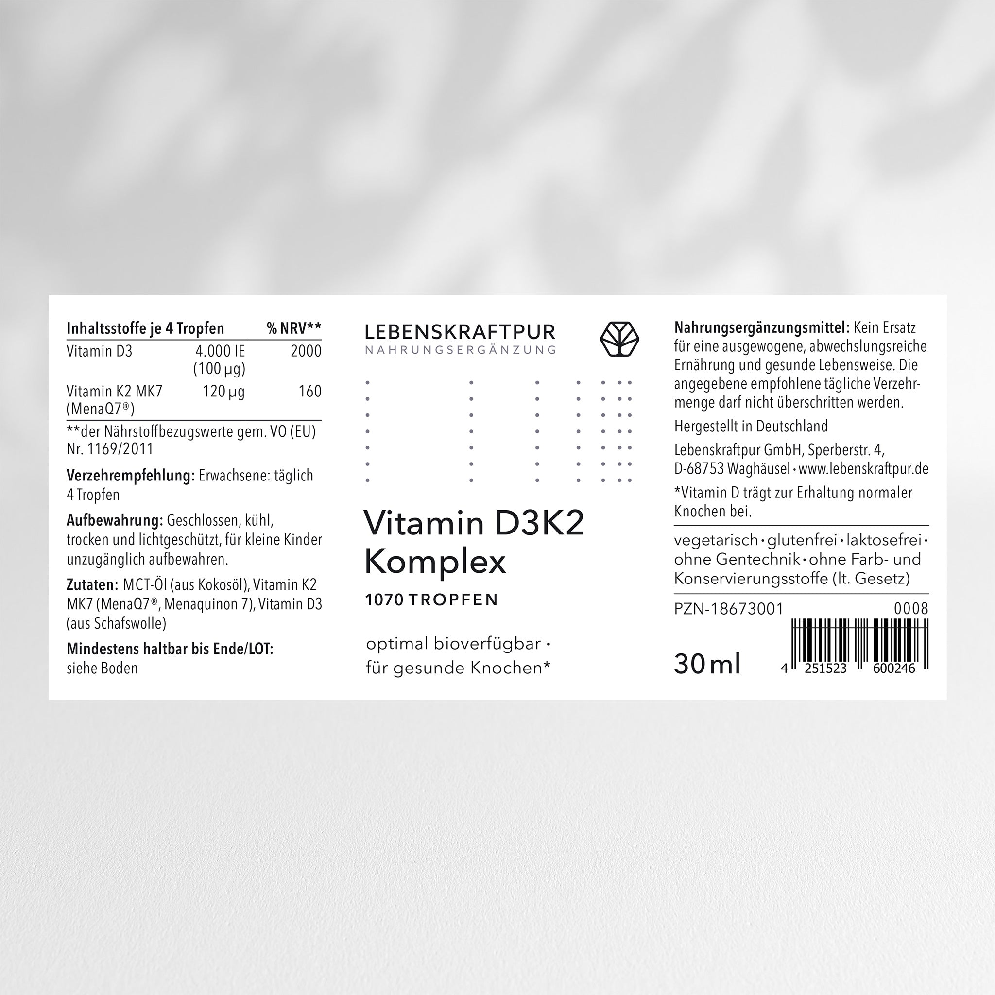 Lebenskraftpur Vitamin D3K2 Komplex Tropfen 30 ml mit MCT-Öl