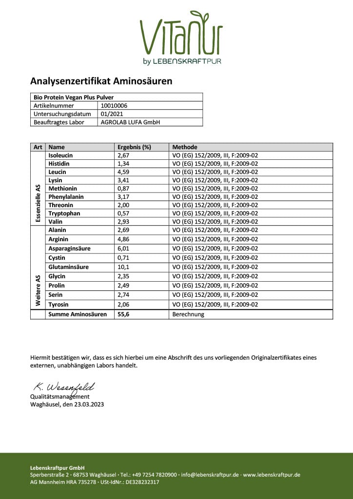 LebenskraftPur Bio Protein Vegan Plus Pulver Kakao 50% Protein