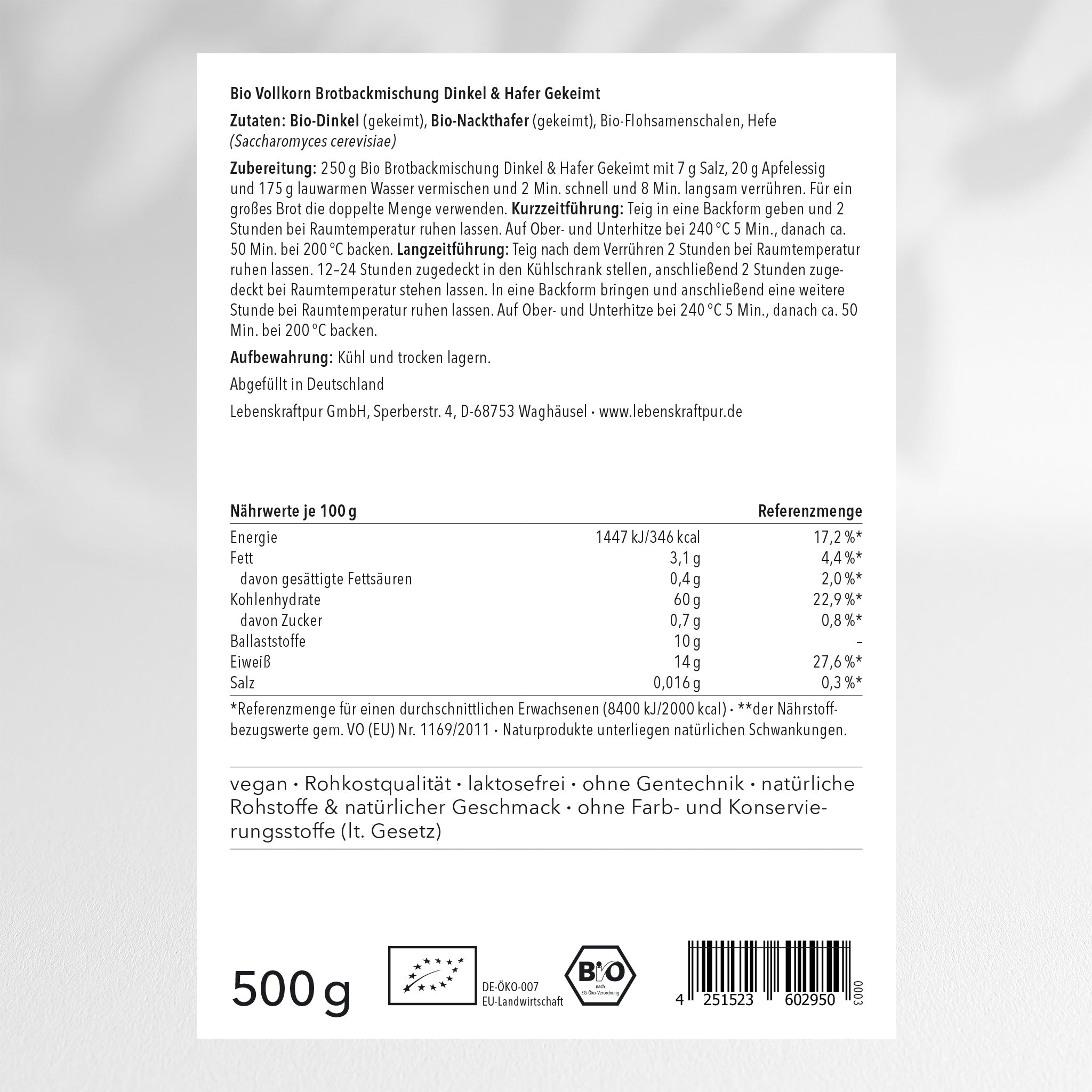 LebenskraftPur Bio Vollkorn Brotbackmischung Dinkel Hafer