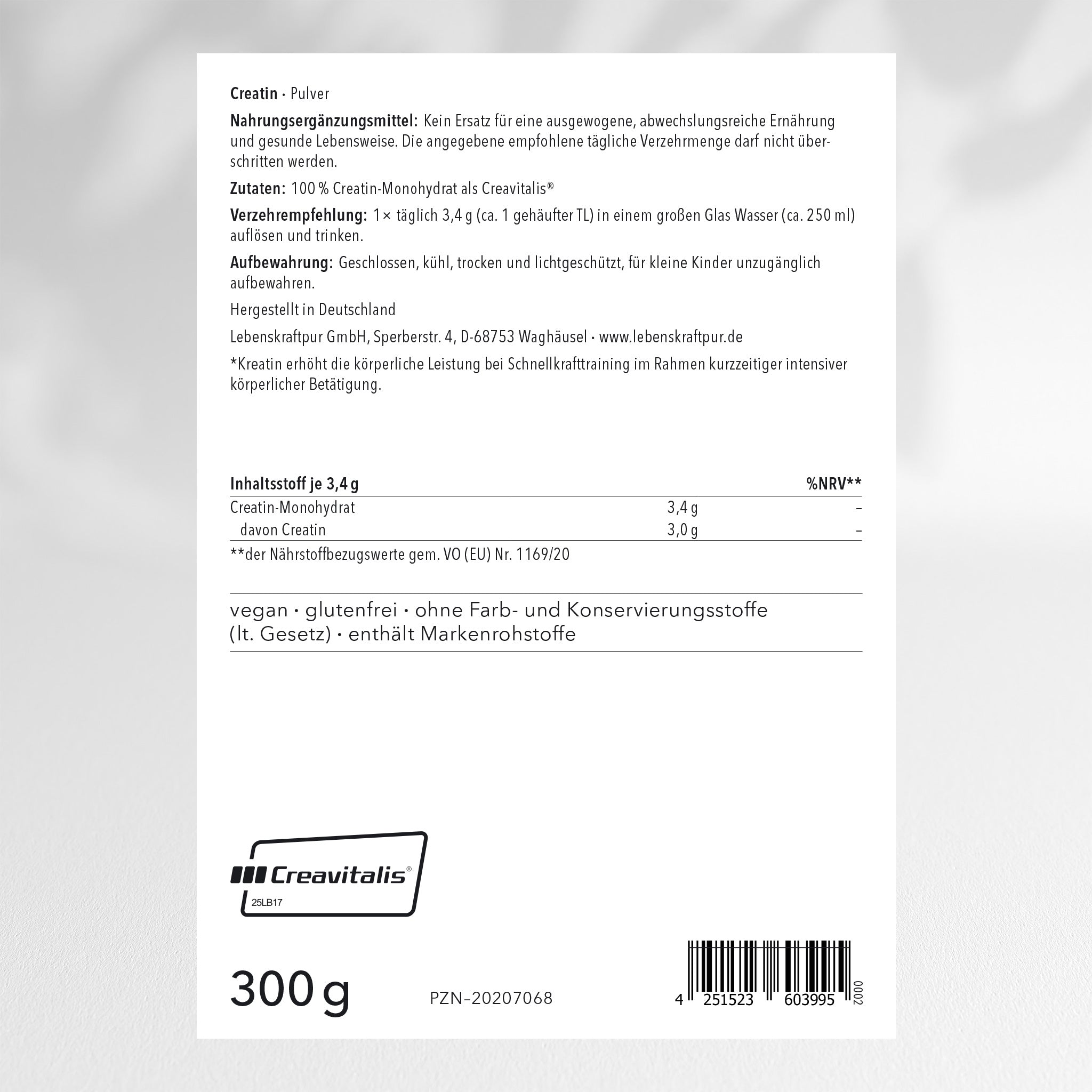 LebenskraftPur Creatin Monohydrat Pulver 100 g Creavitalis vegan