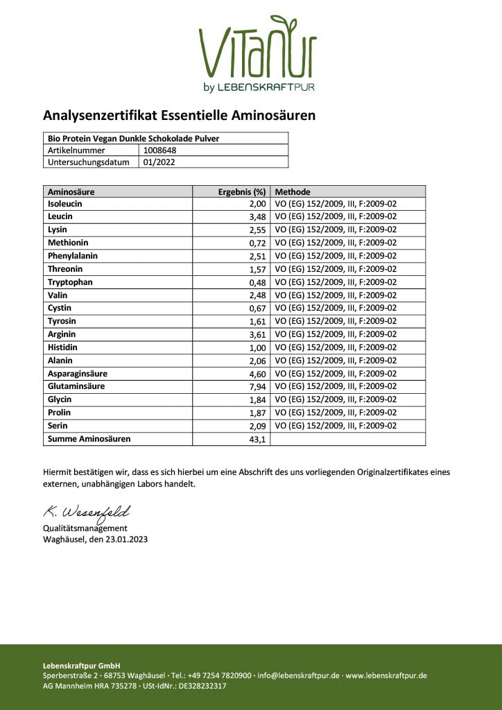 LebenskraftPur Bio Protein Vegan Pulver Dunkle Schokolade
