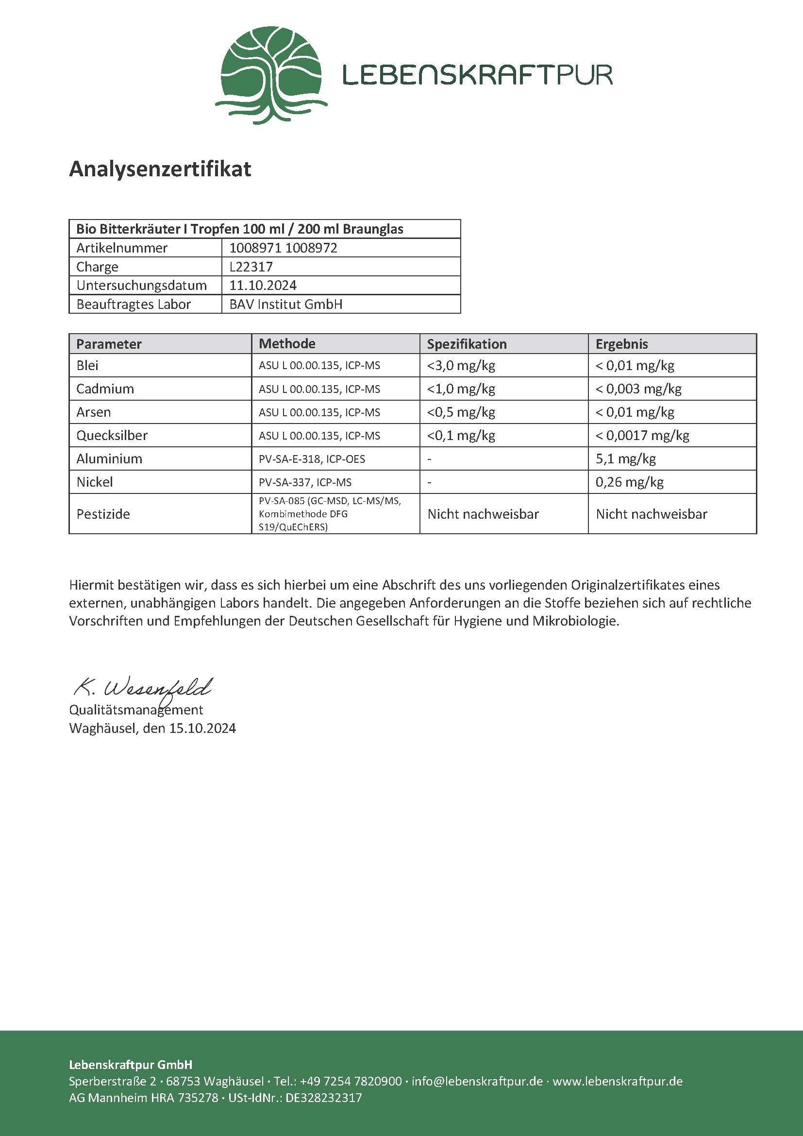 Lebenskraftpur Bio Bitterkräuter Tropfen 100 ml bio
