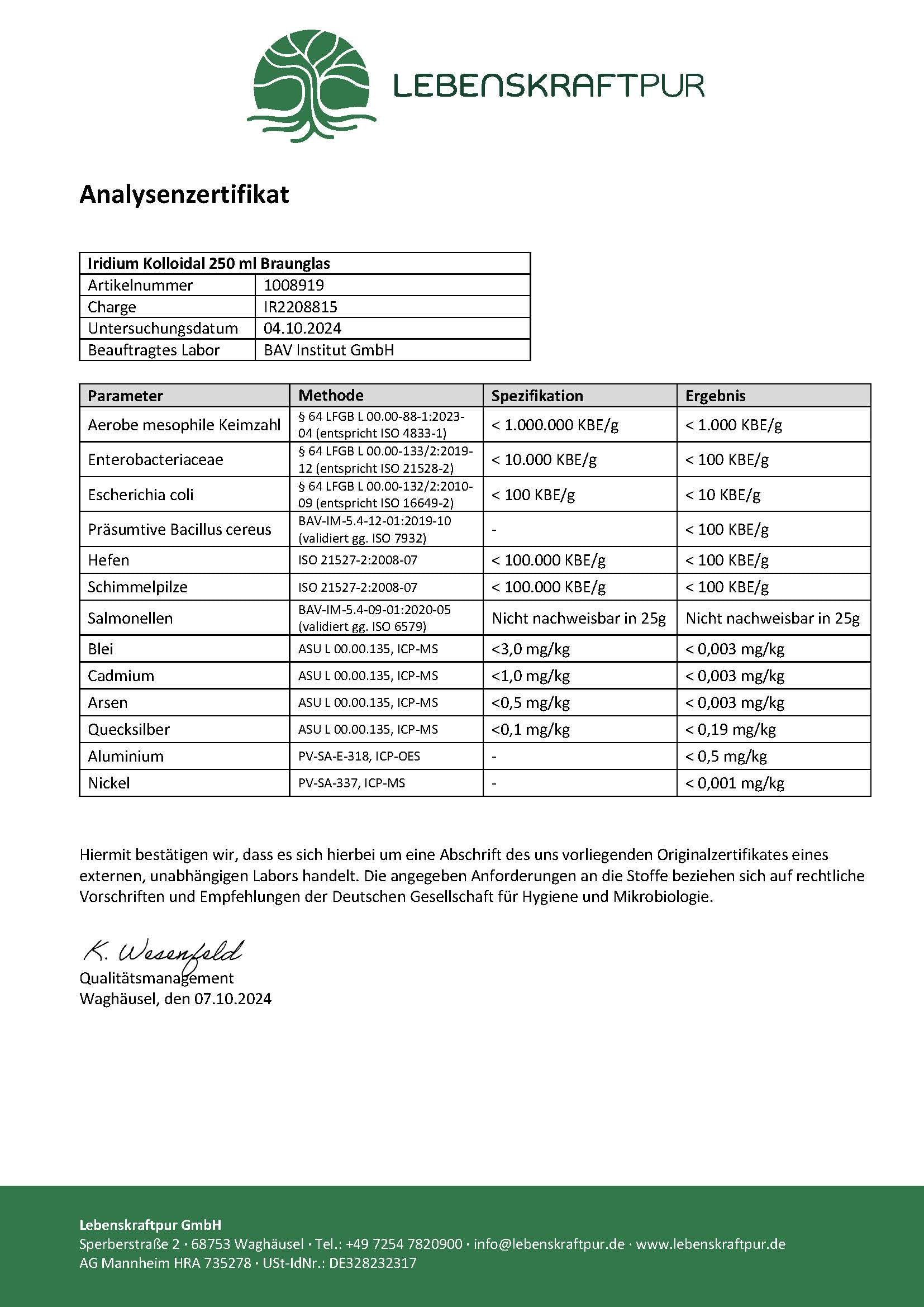 LebenskraftPur Iridium Kolloidal 5 ppm Lösung Reinstwasser