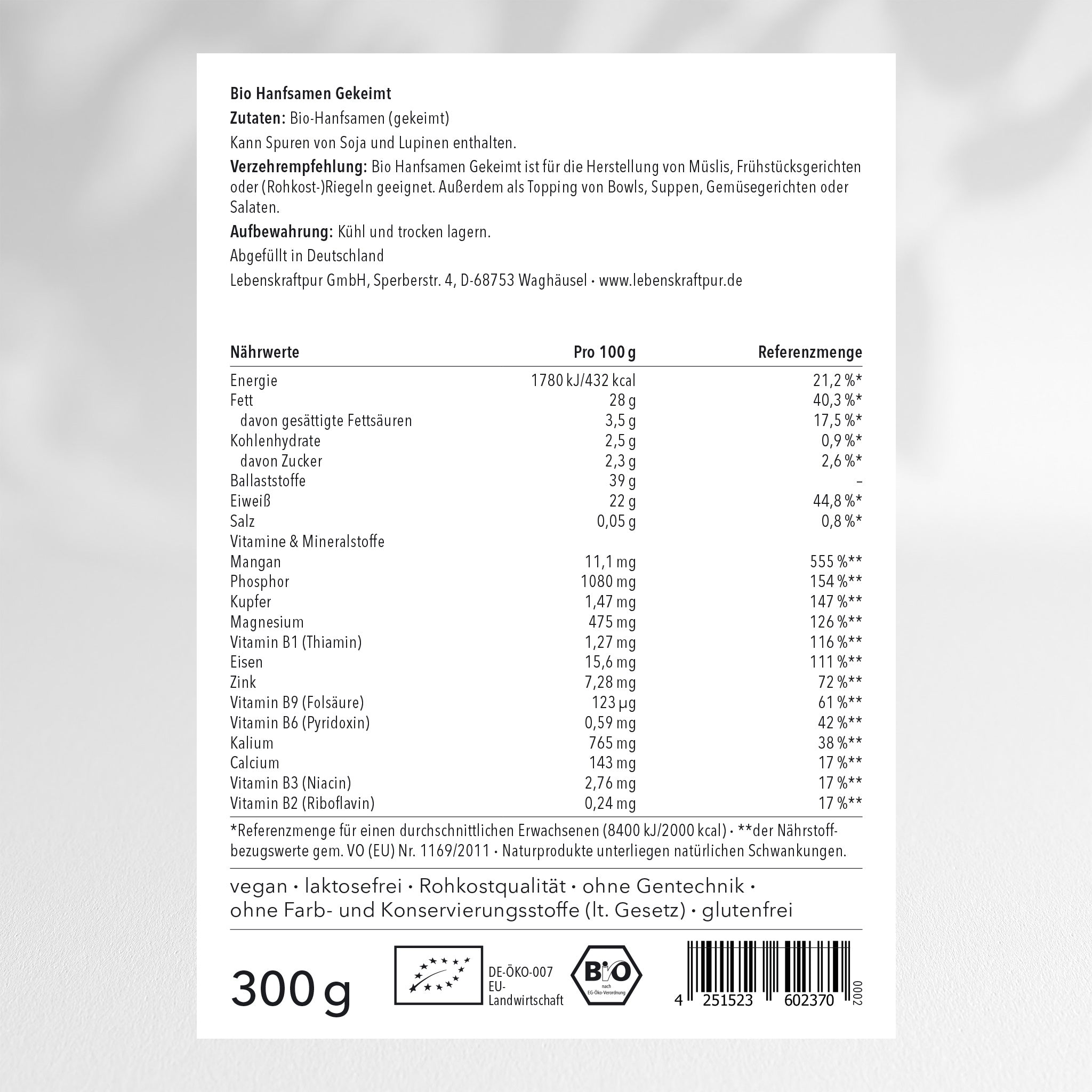LebenskraftPur Bio Hanfsamen Gekeimt Superfood 650 g Roh