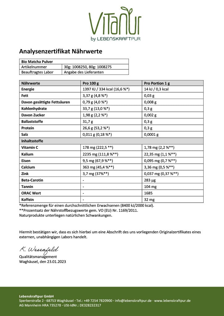 LebenskraftPur Bio Matcha Pulver Ceremonial Grade 30 g