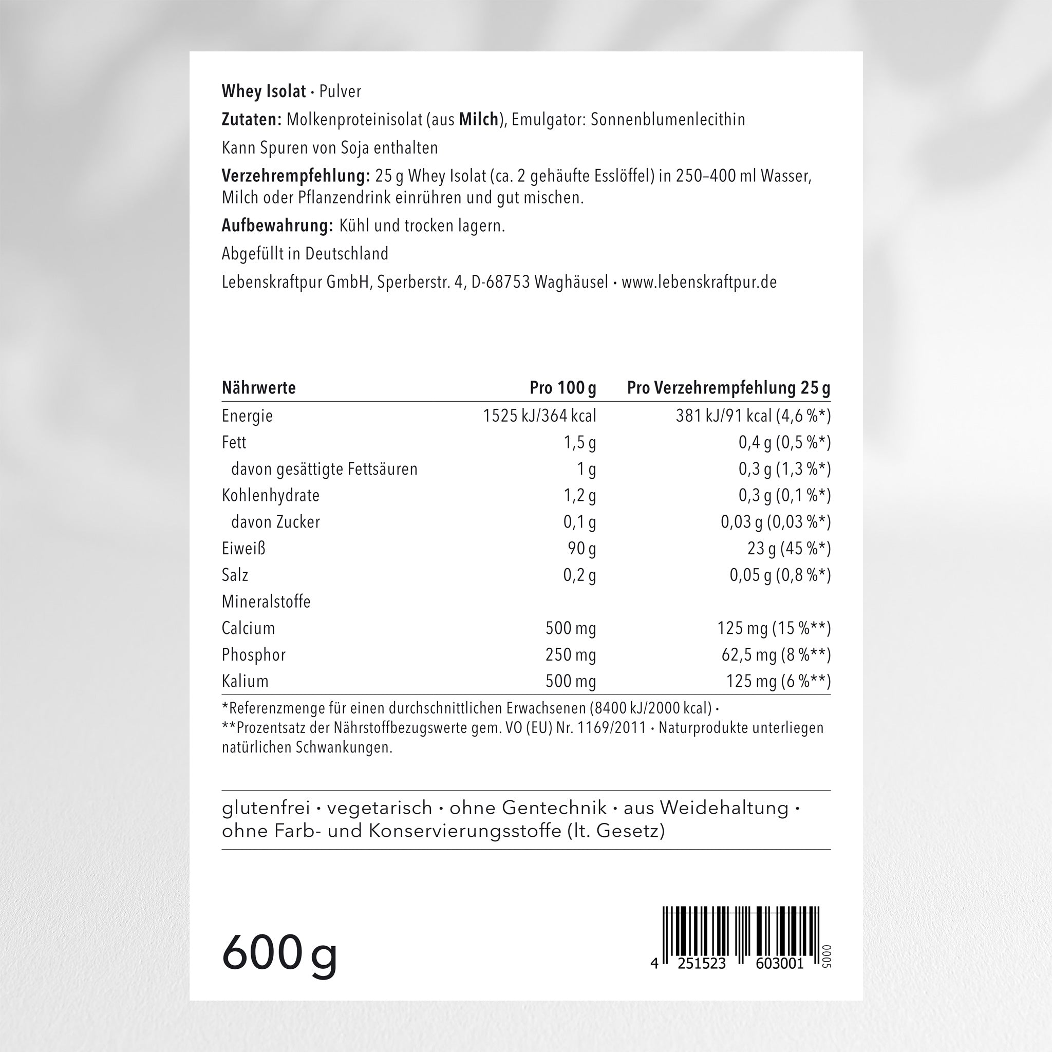 LebenskraftPur Whey Isolat Pulver Weidemilch neutral Protein