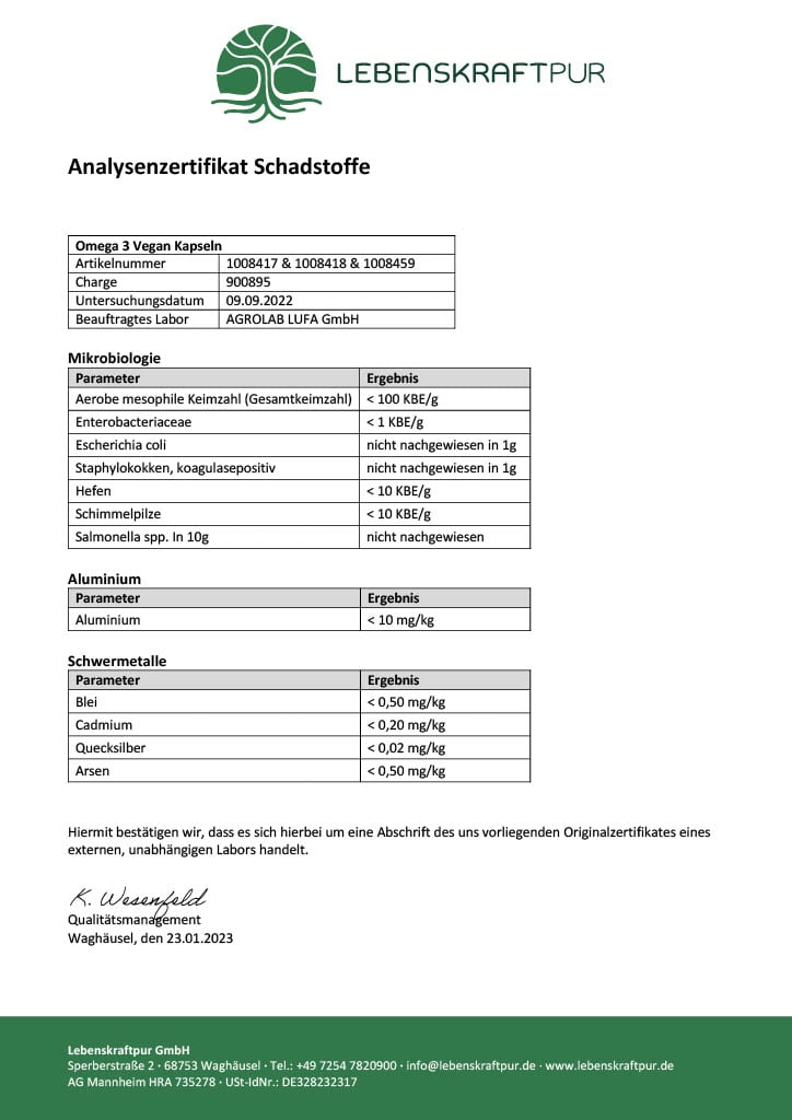 LebenskraftPur Omega 3 Vegan Kapseln 60 Kapseln Algenöl