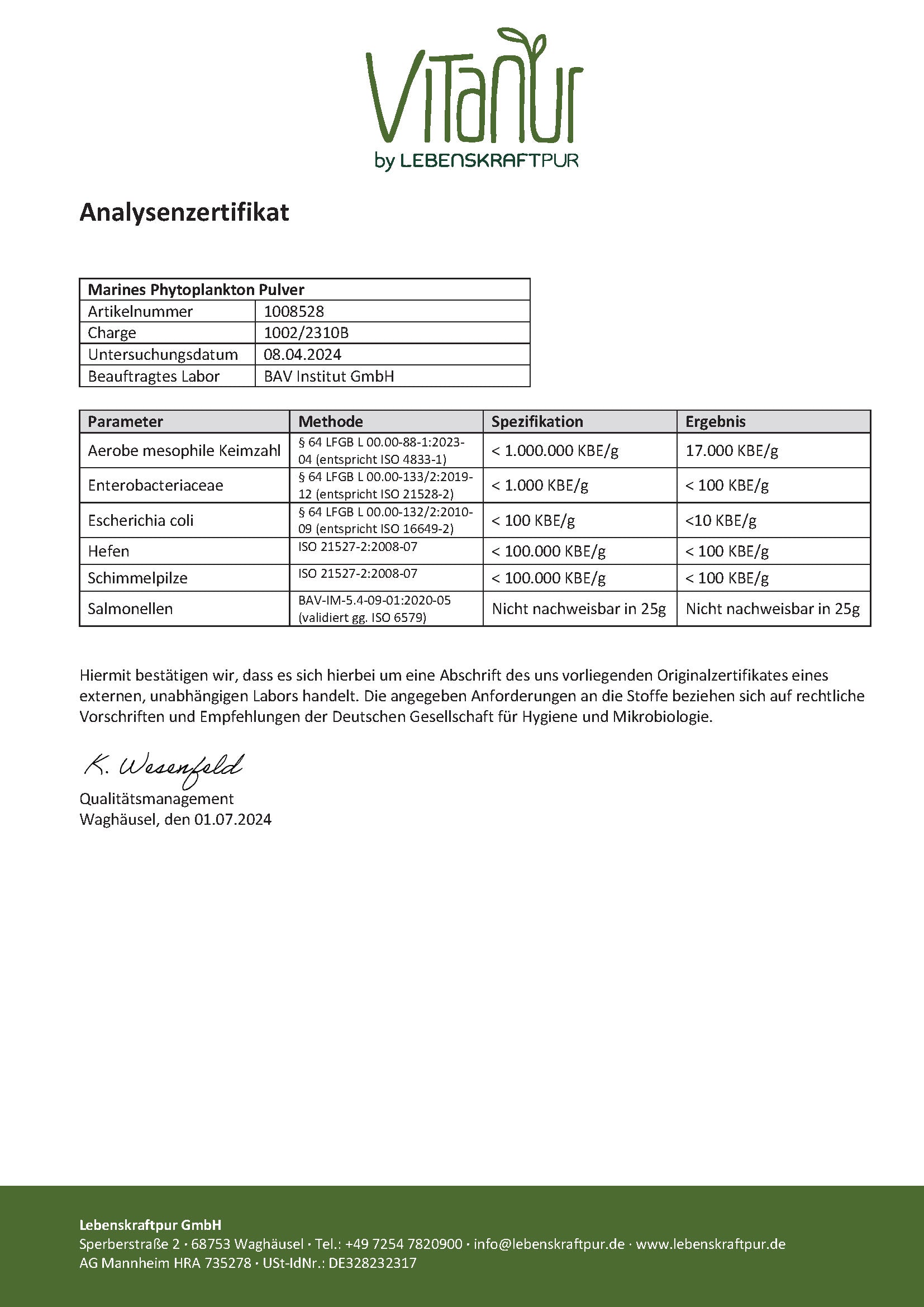 LebenskraftPur Marines Phytoplankton Pulver vegan EPA