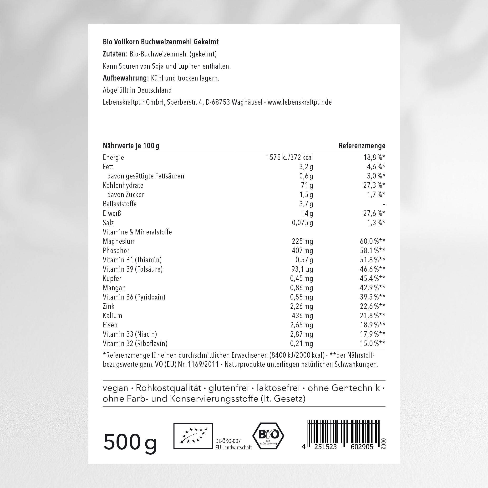 Lebenskraftpur Bio Vollkorn Buchweizenmehl Gekeimt glutenfrei
