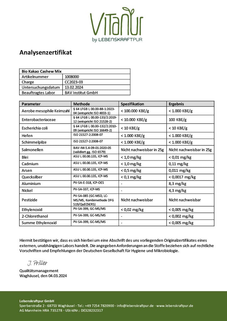 LebenskraftPur Superfood Bio Kakao Cashew Mix Snack roh