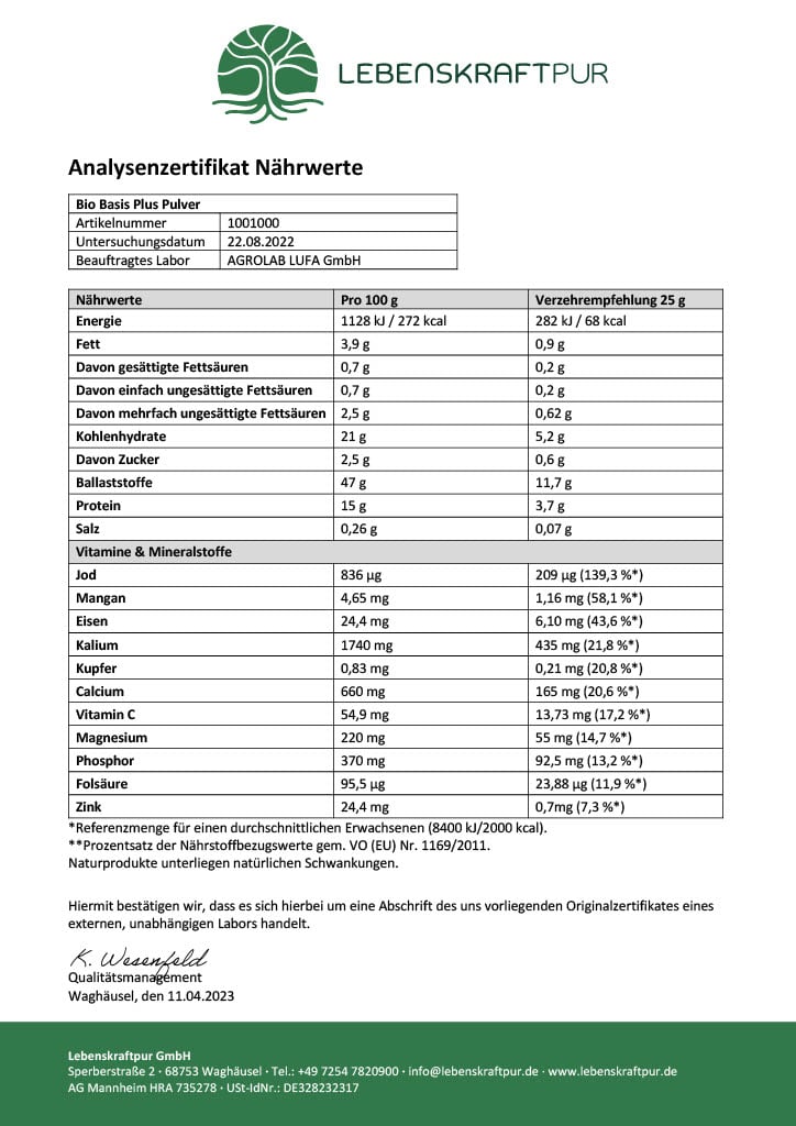 LebenskraftPur Bio Basis Plus Pulver 40 Zutaten vegan