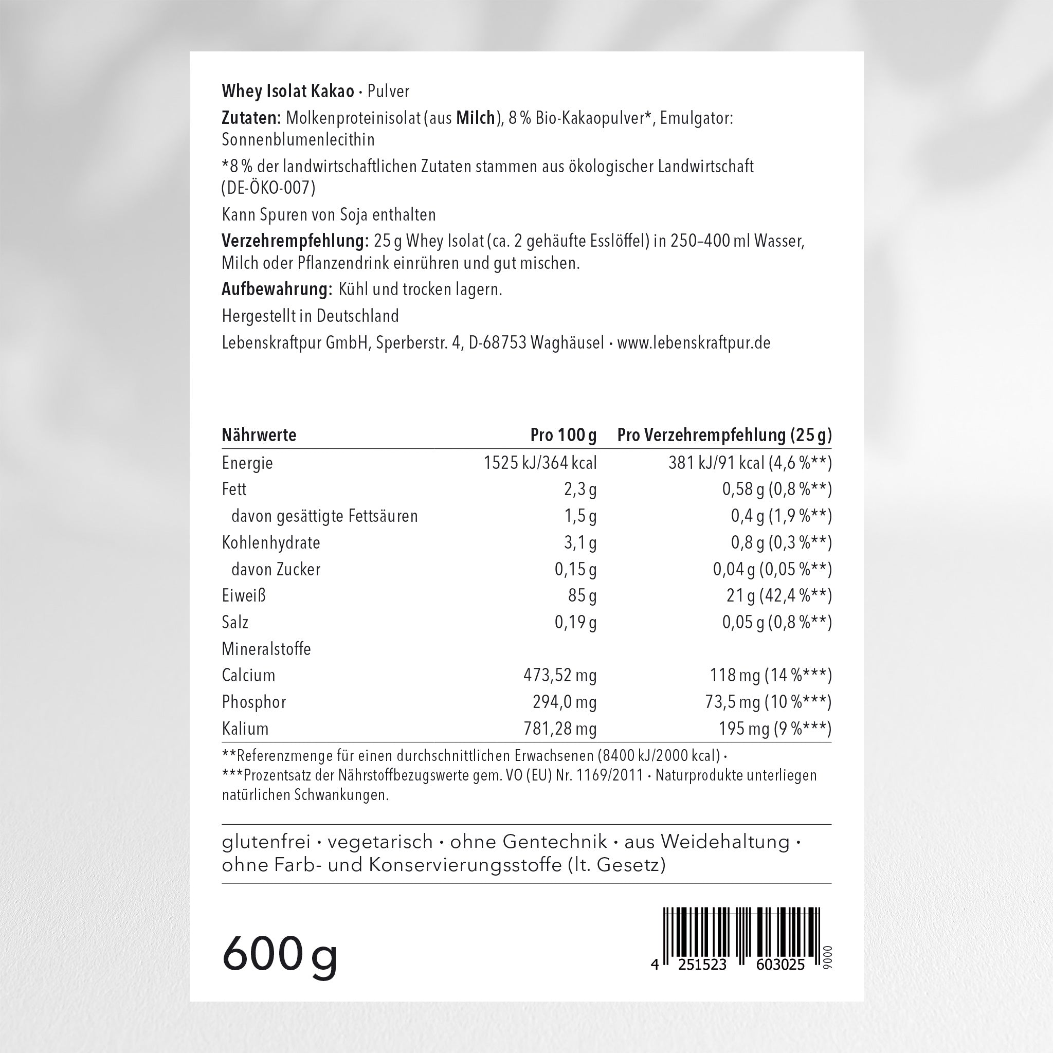 LebenskraftPur Whey Isolat Kakao Pulver Weidemilch Protein