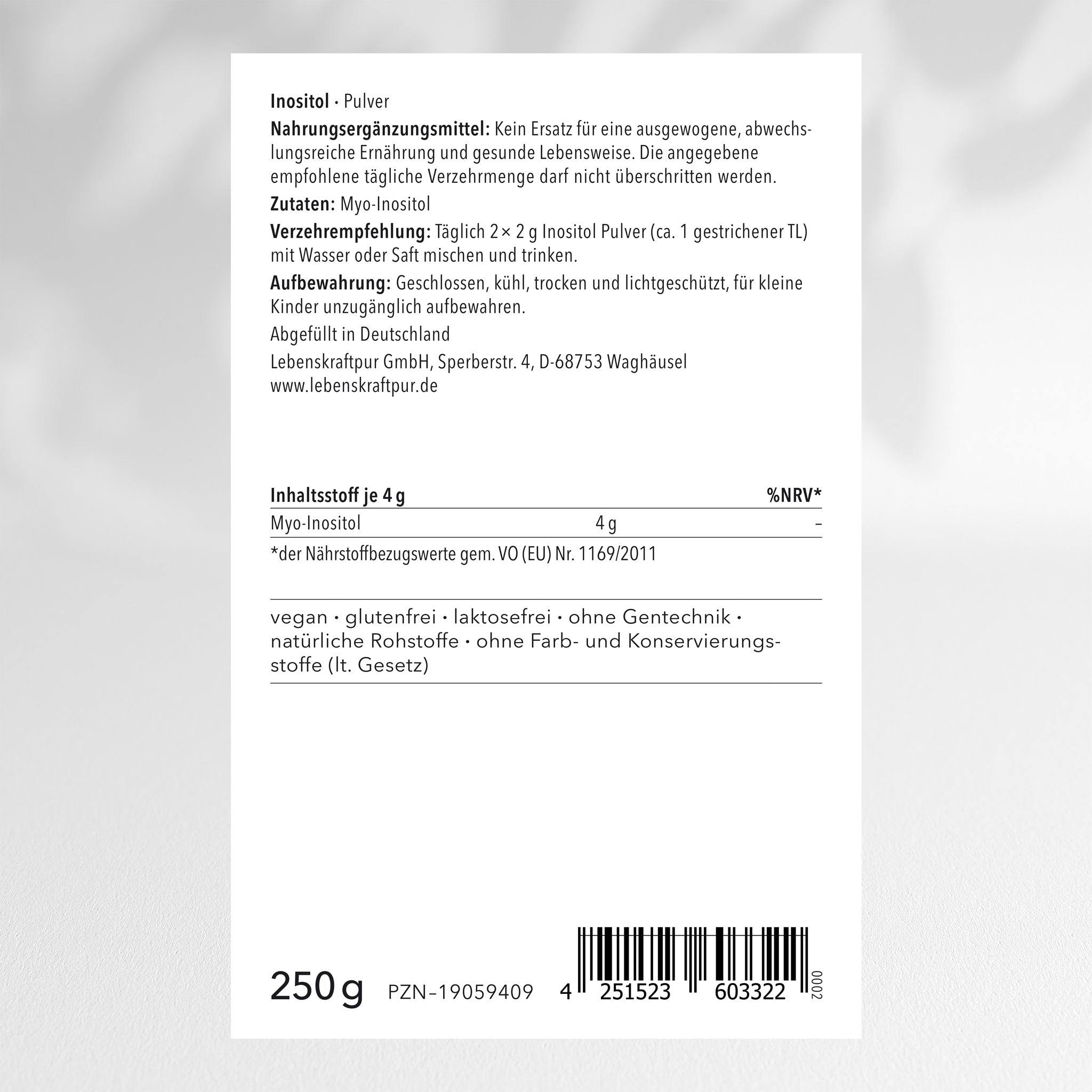 LebenskraftPur Inositol Pulver Myo-Inositol 100% vegan