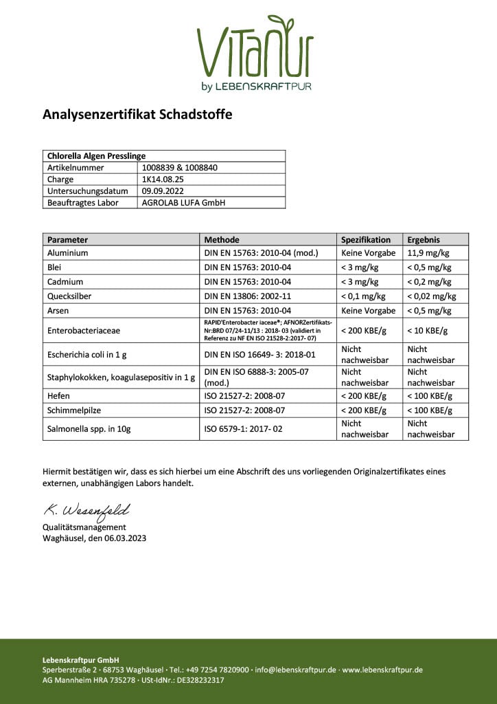 LebenskraftPur Superfood Chlorella Presslinge 660 g B12