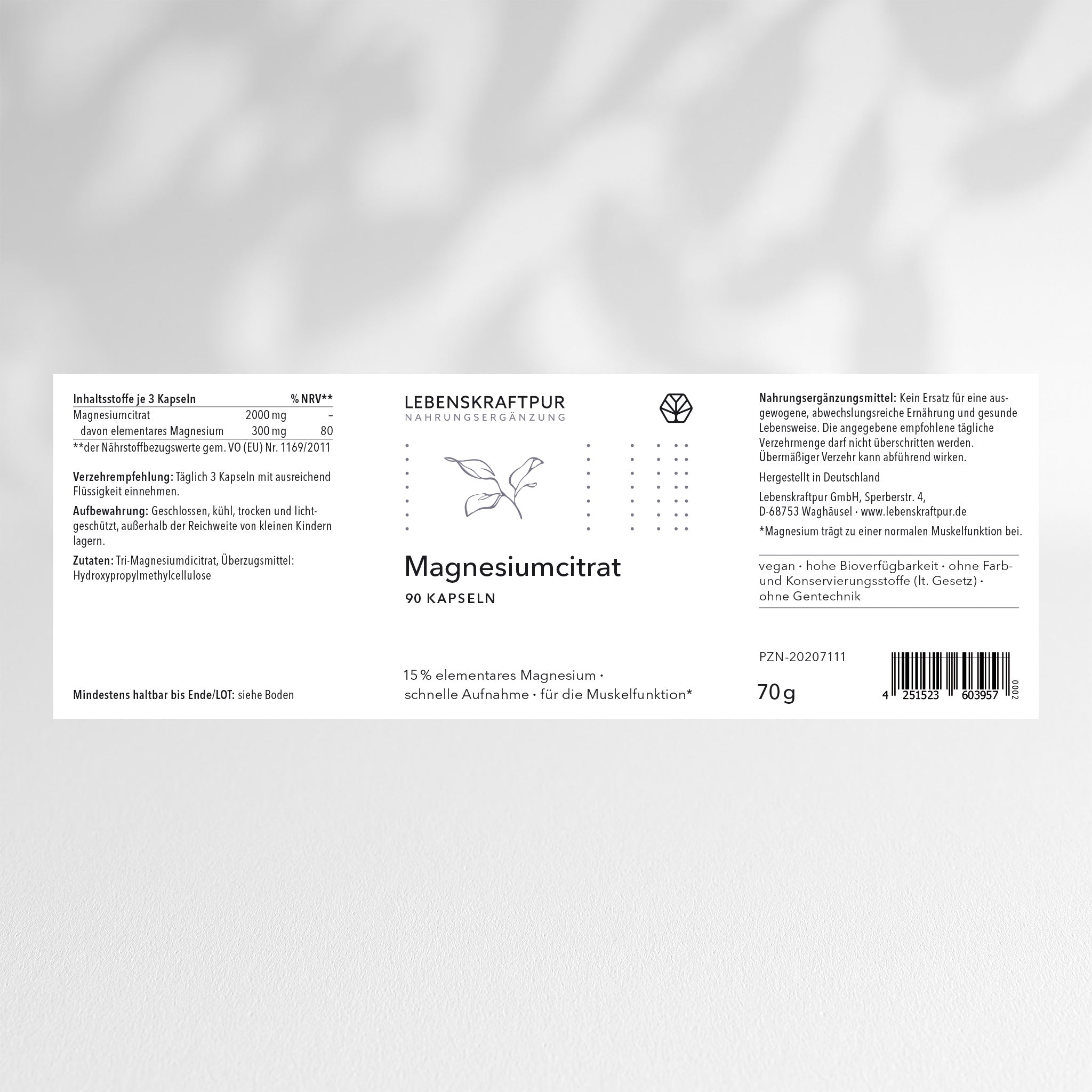 LebenskraftPur Magnesiumcitrat Kapseln 90 Kapseln 300 mg