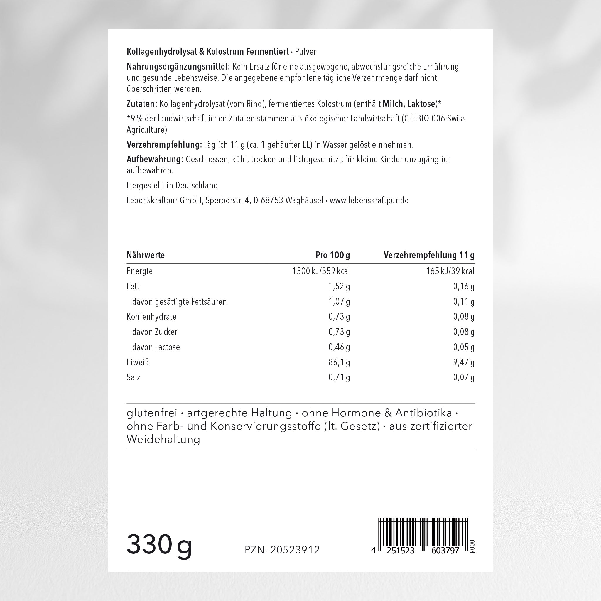 LebenskraftPur Kollagenhydrolysat Kolostrum Pulver fermentiert