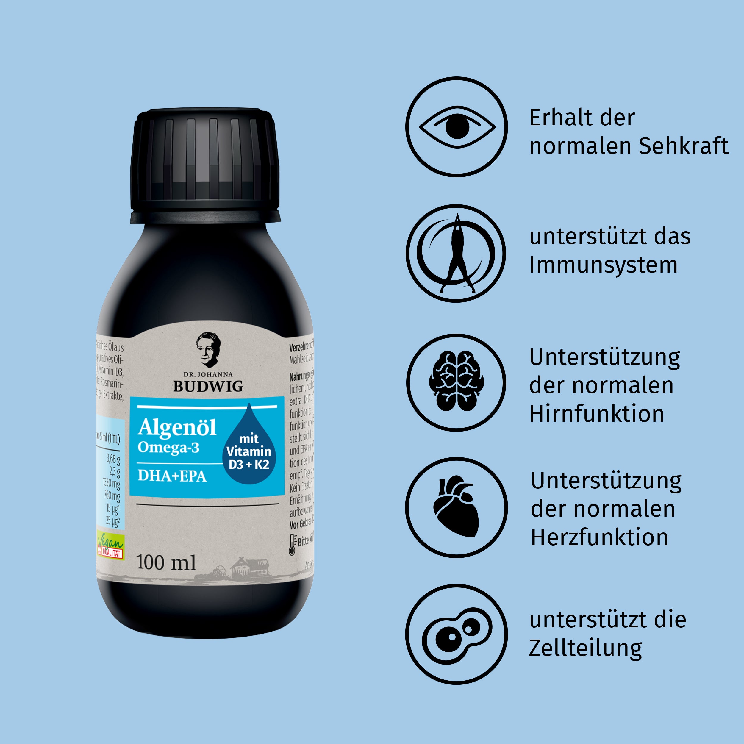Dr. Johanna Budwig Omega-3 Algenöl Pur Öl Vitamin D3 K2