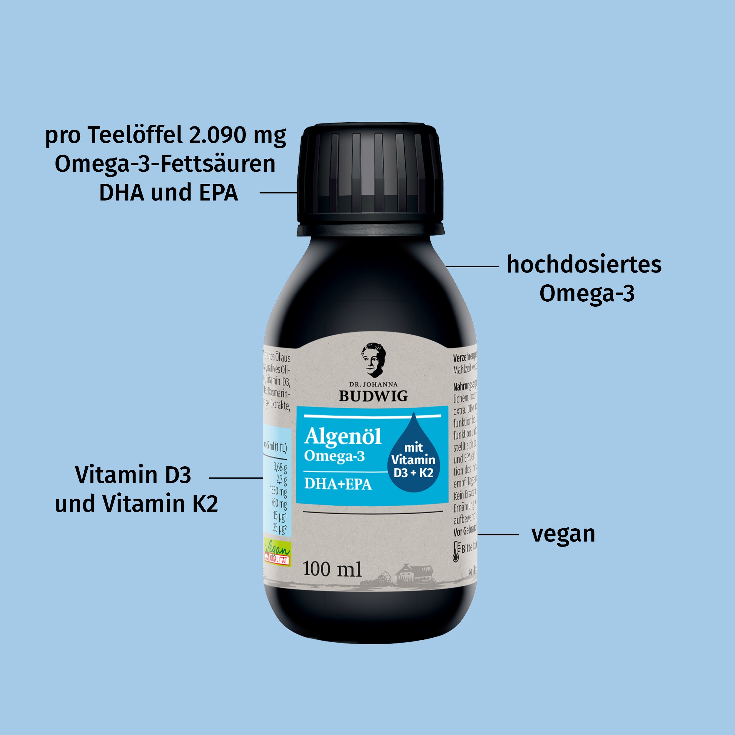 Dr. Johanna Budwig Omega-3 Algenöl Pur Öl Vitamin D3 K2