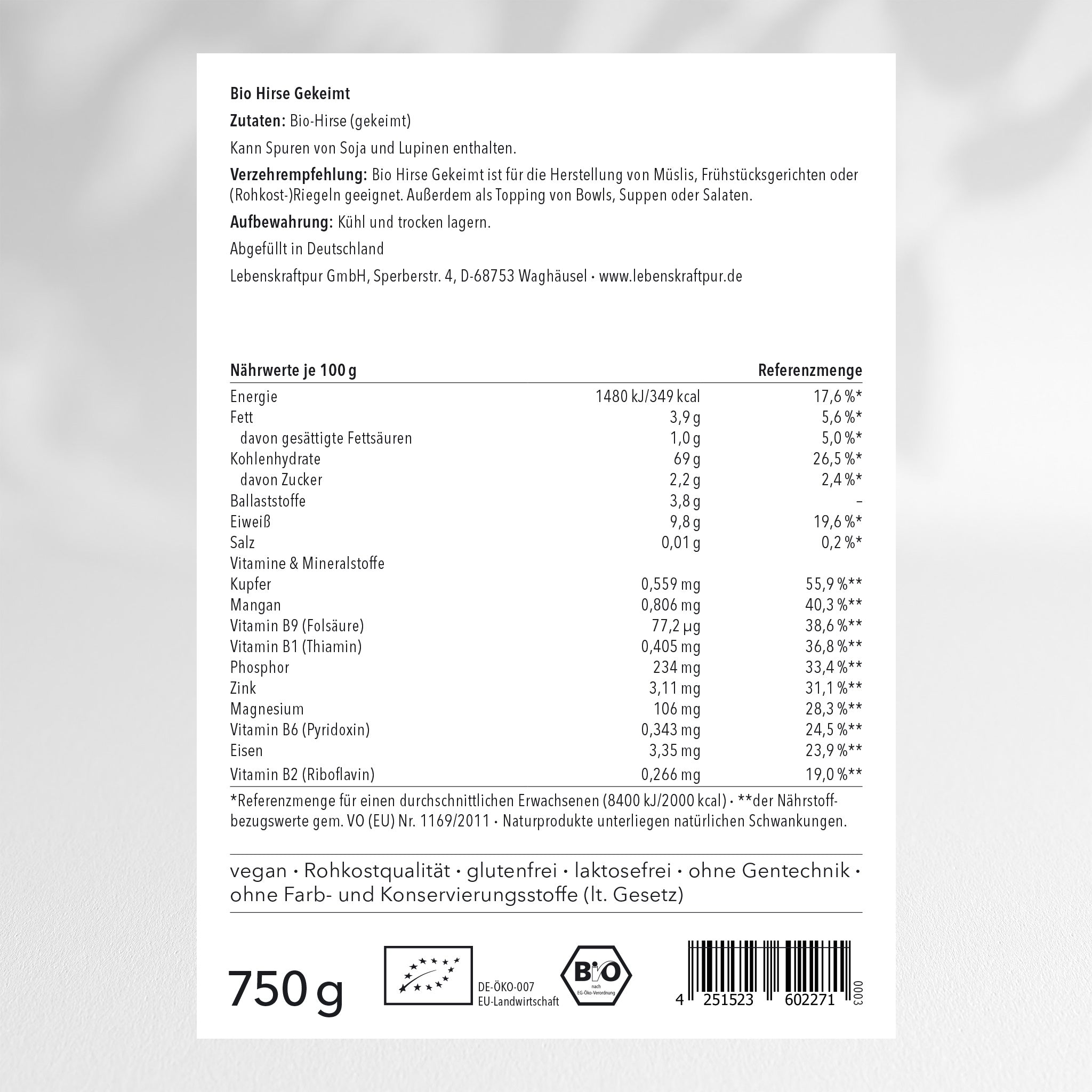 LebenskraftPur Superfood Bio Hirse Gekeimt Superfood 750 g roh