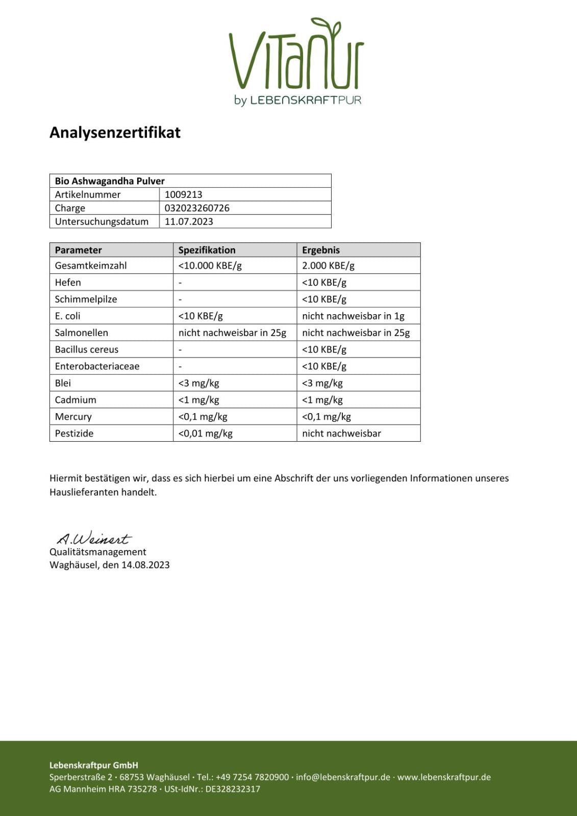 LebenskraftPur Bio Ashwagandha Pulver rein