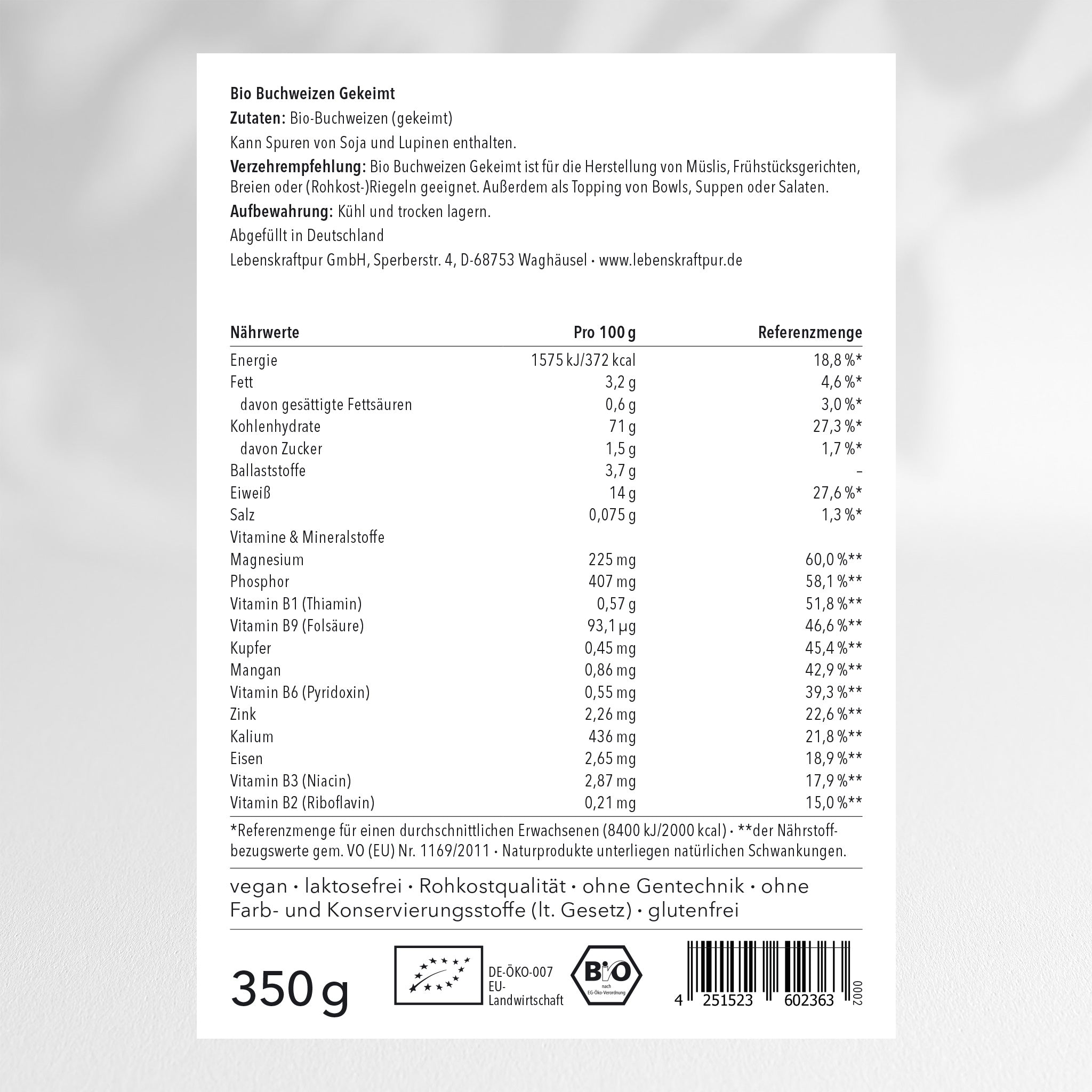 LebenskraftPur Bio Buchweizen Gekeimt 350 g Rohkost vegan