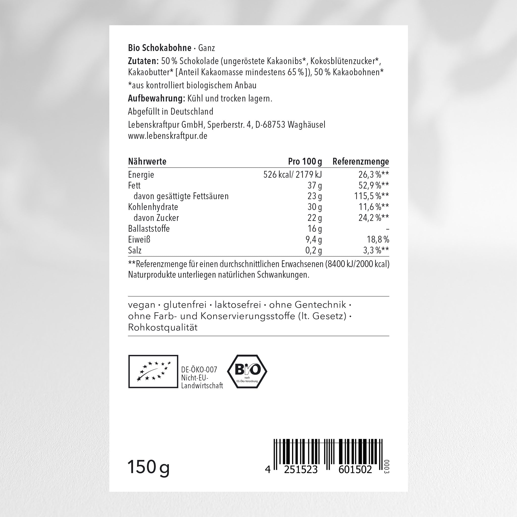 LebenskraftPur Bio Schokabohne Ganz Rohkost Snack