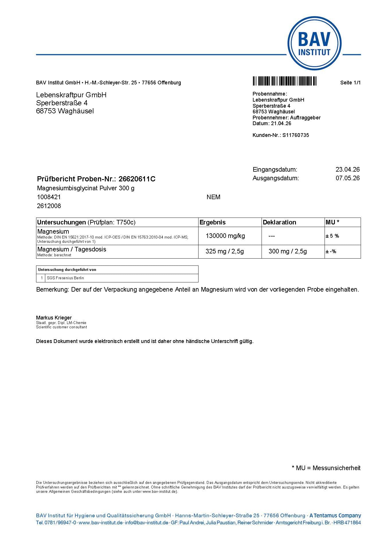 LebenskraftPur Magnesiumbisglycinat Pulver vegan ohne Zusätze