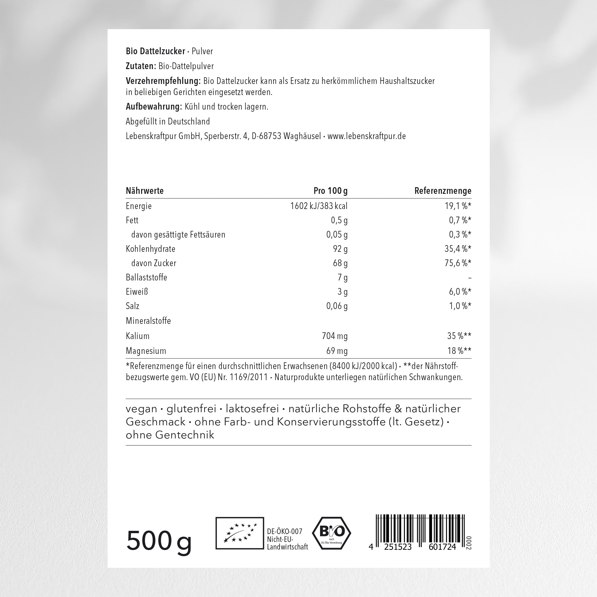 LebenskraftPur Bio Dattelzucker Pulver Deglet Nour 500g