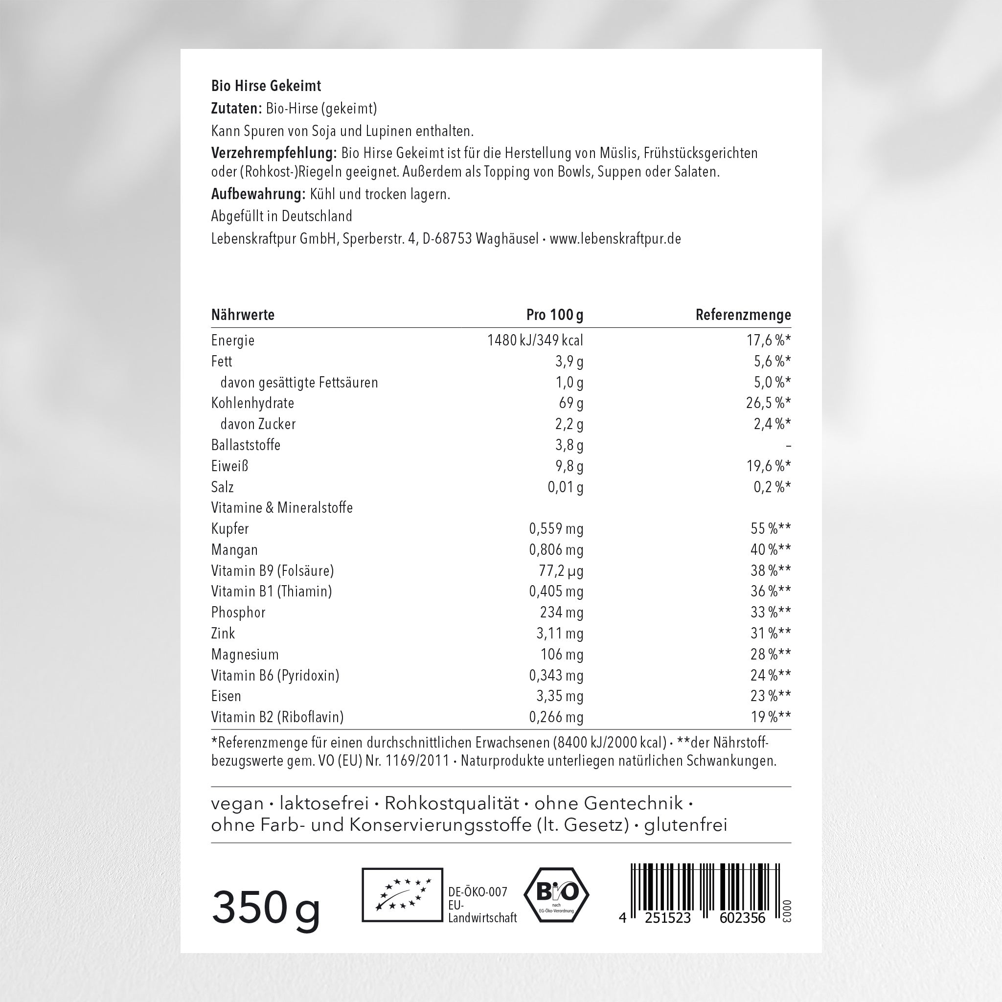 LebenskraftPur Superfood Bio Hirse Gekeimt Superfood 750 g roh